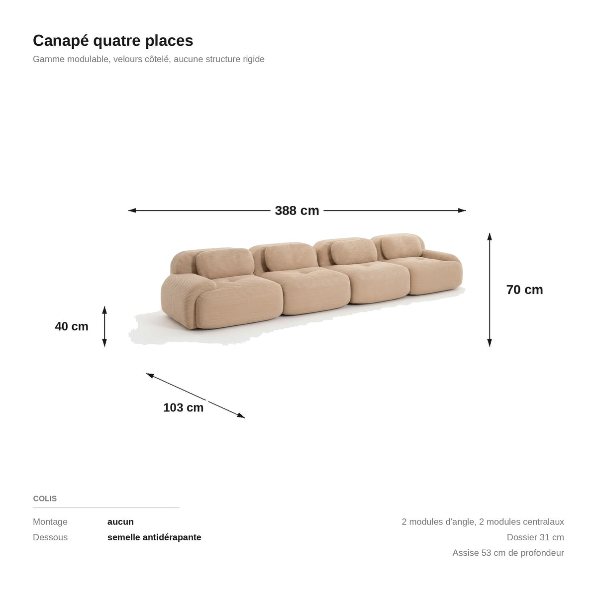 Canapé 4 places velours côtelé beige, les dimensions