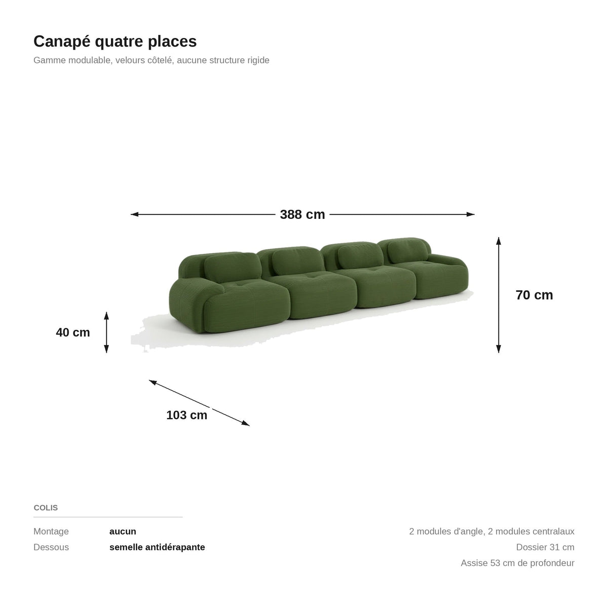 Canapé 4 places velours côtelé vert, les dimensions
