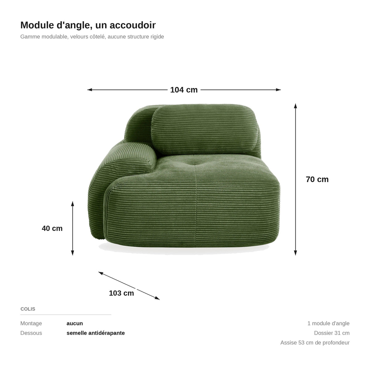 Fauteuil modulable vert, les dimensions