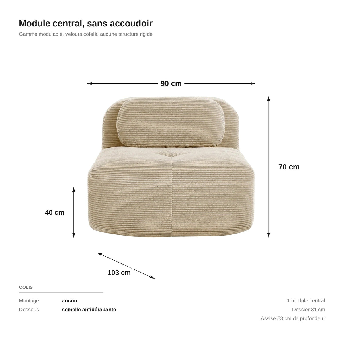 Chauffeuse velours côtelé beige, les dimensions