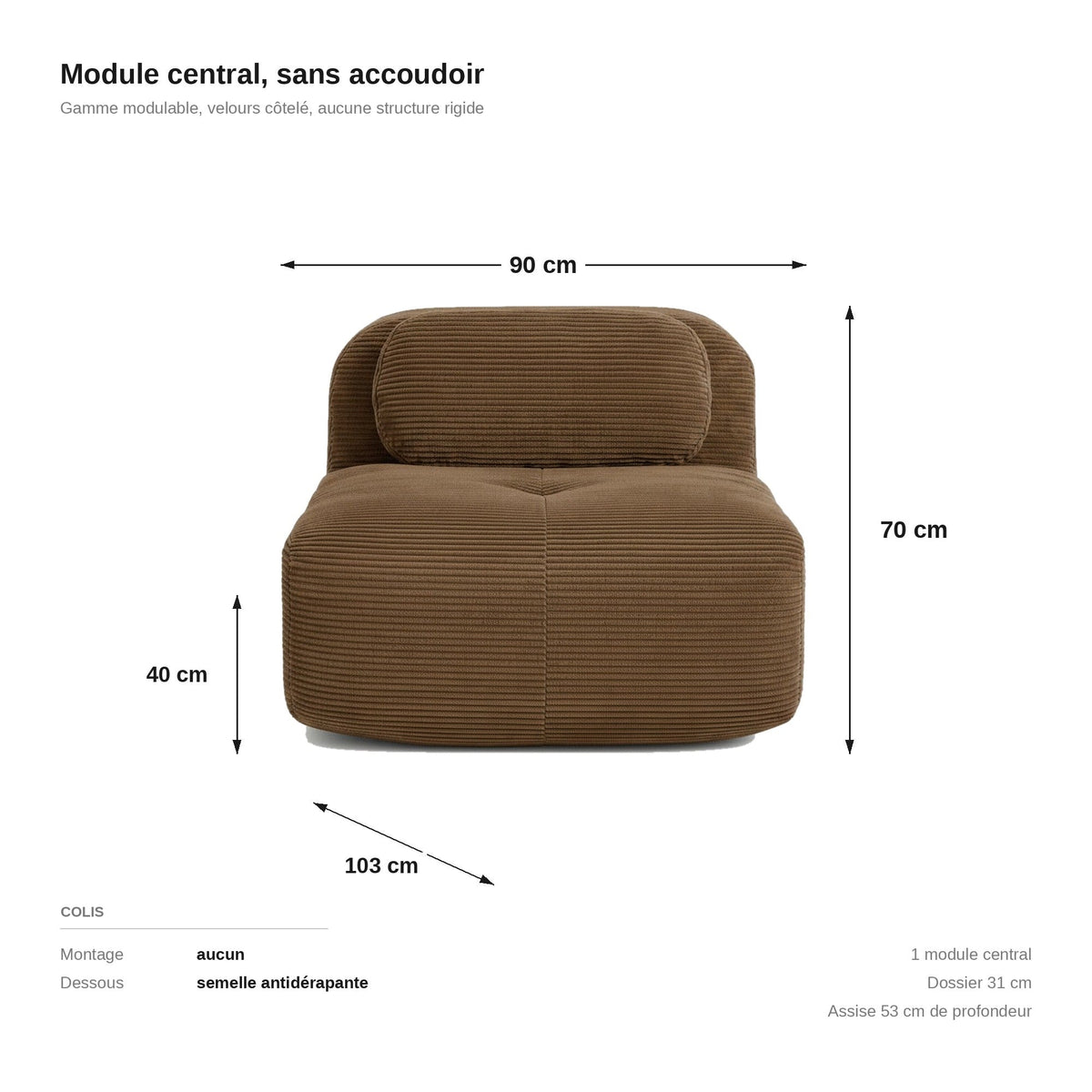 Chauffeuse velours côtelé brun, les dimensions