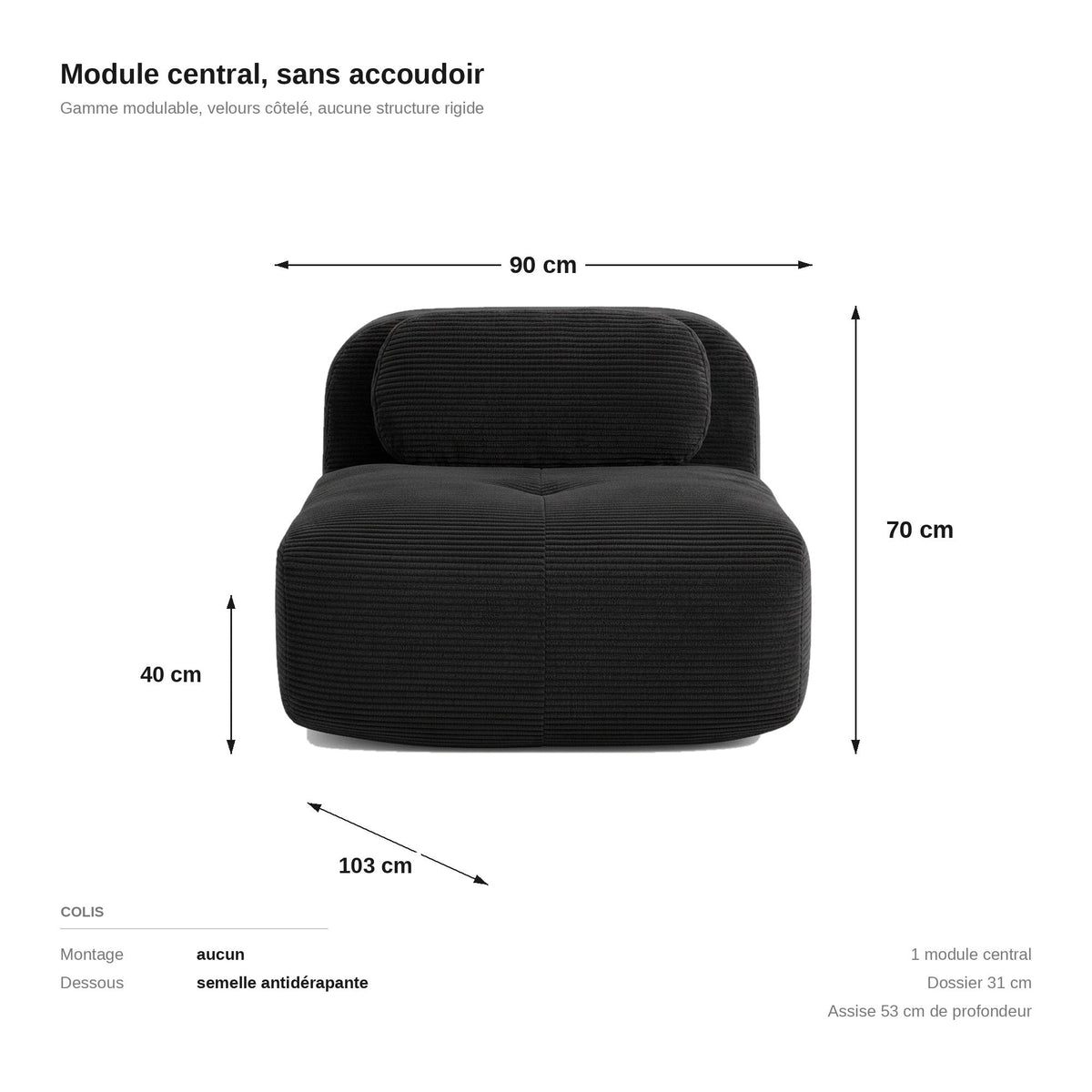 Chauffeuse velours côtelé noir, les dimensions