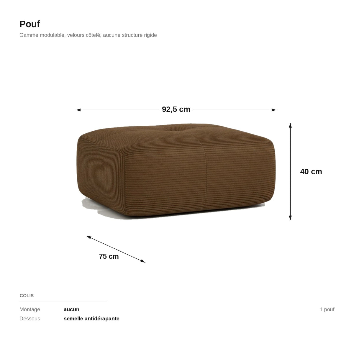 Pouf velours côtelé brun, les dimensions