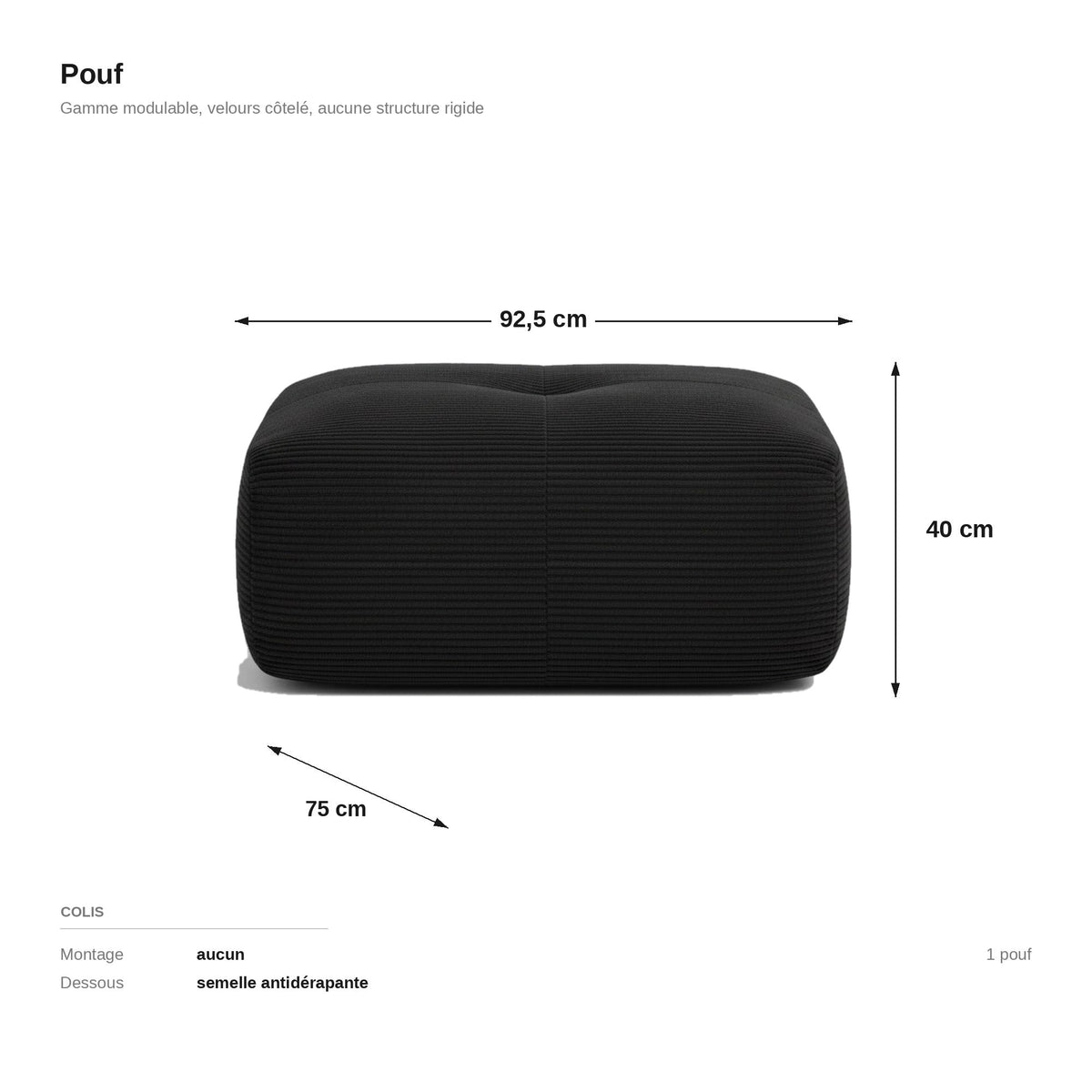 Pouf velours côtelé noir, les dimensions