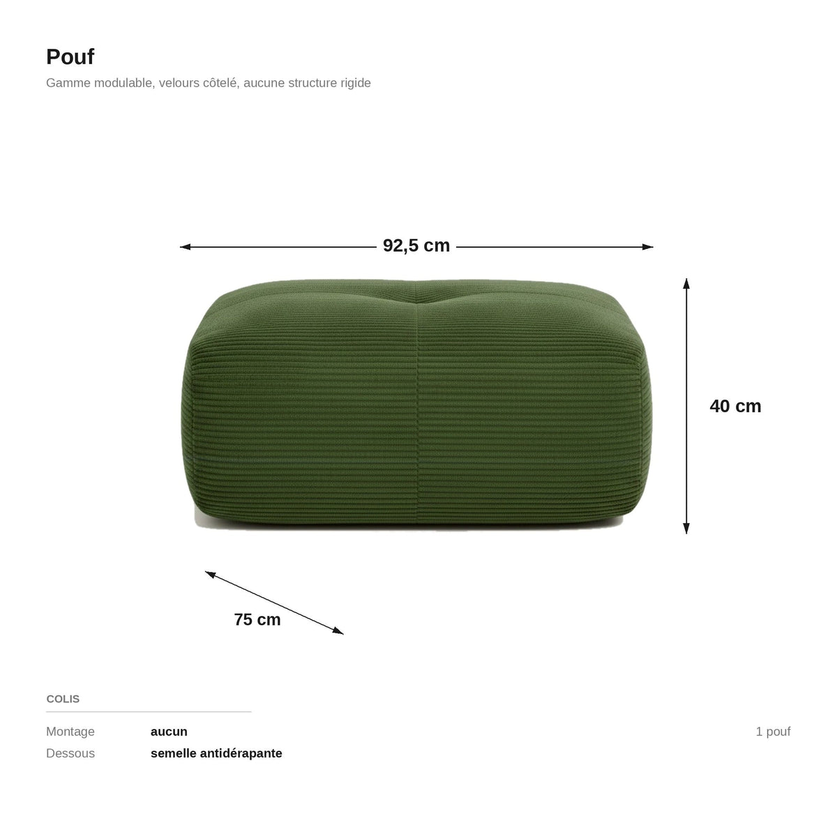 Pouf velours côtelé vert, les dimensions