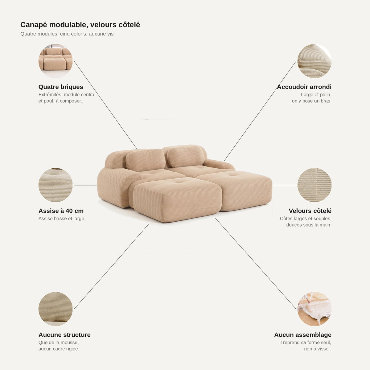 Canapé 2 places avec poufs beige, les points forts