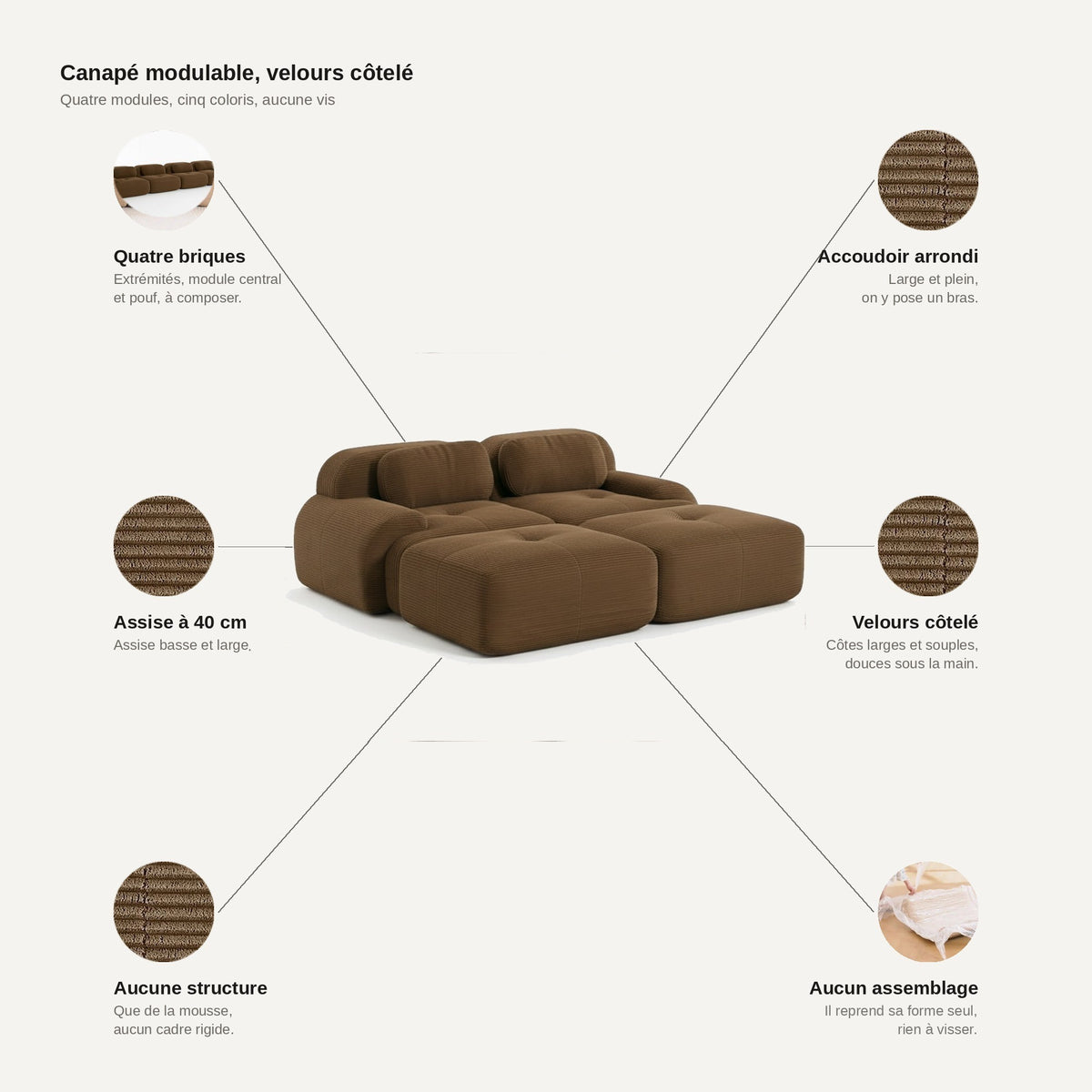 Canapé 2 places avec poufs brun, les points forts