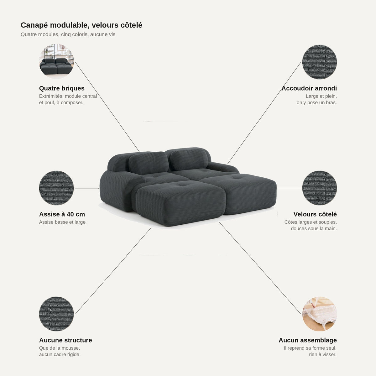 Canapé 2 places avec poufs gris, les points forts
