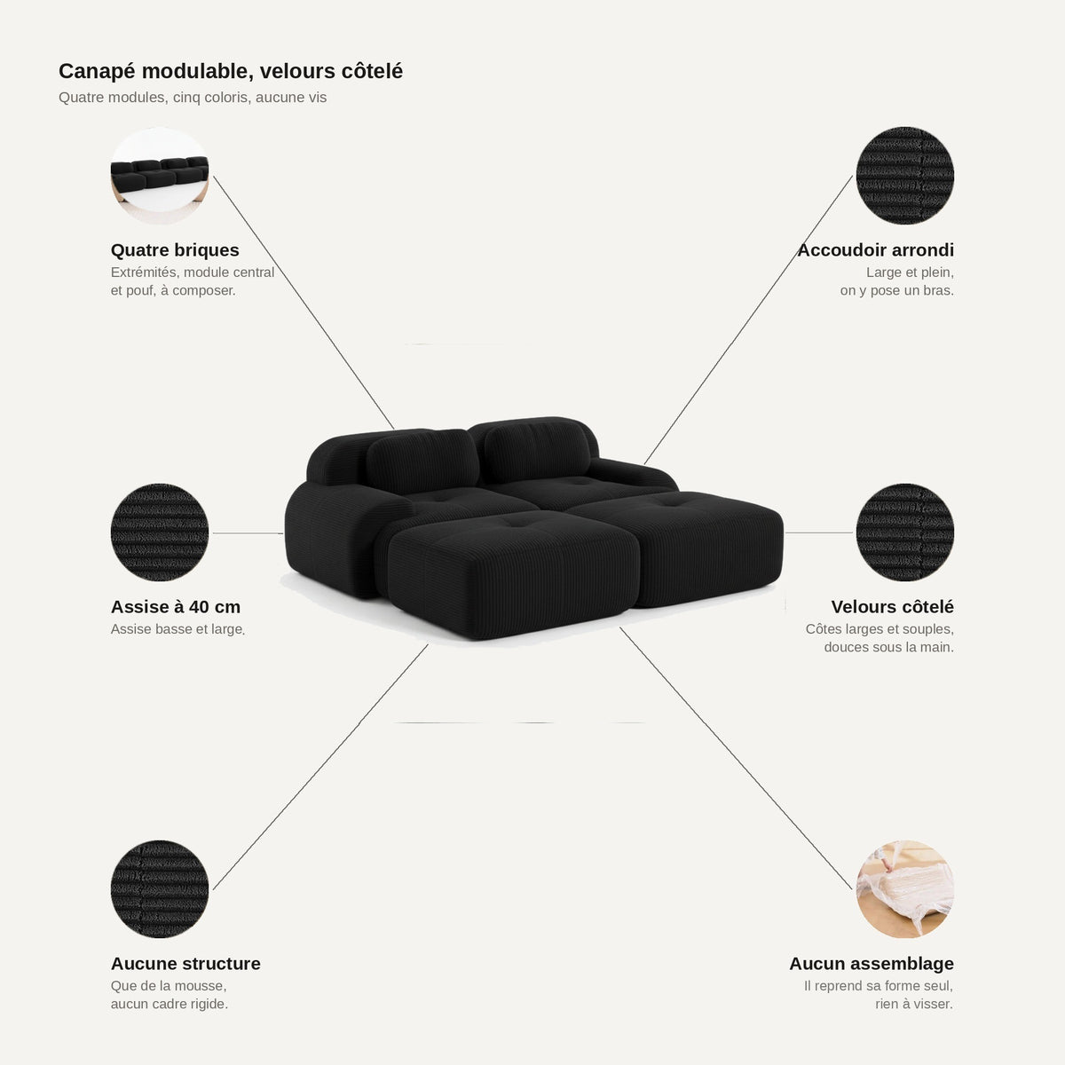Canapé 2 places avec poufs noir, les points forts