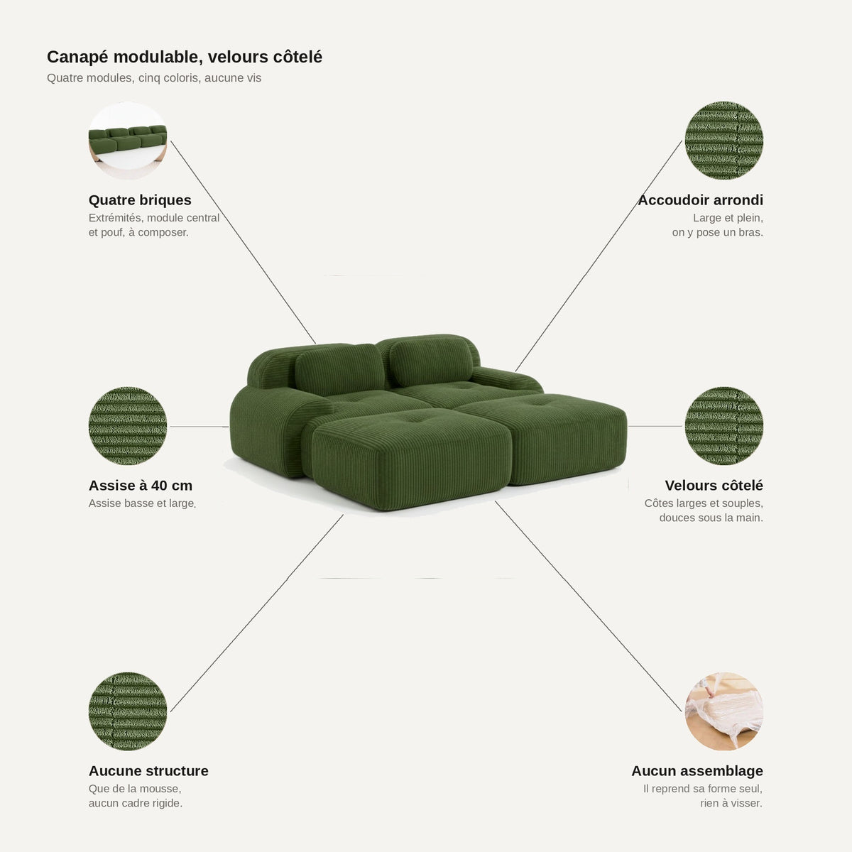 Canapé 2 places avec poufs vert, les points forts