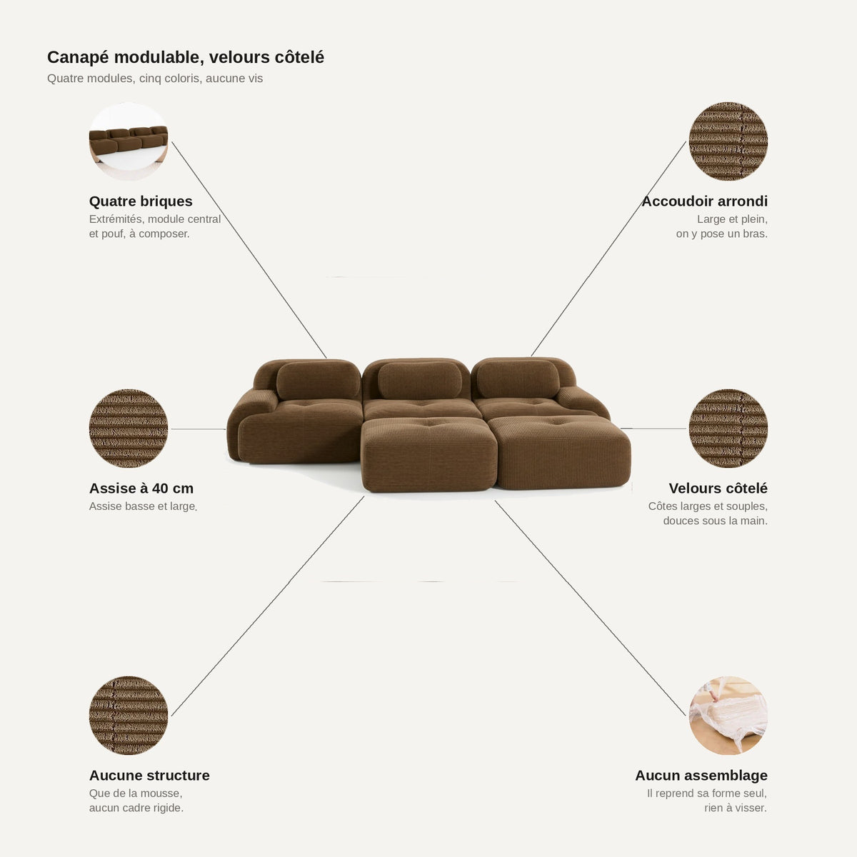 Canapé 3 places avec poufs brun, les points forts