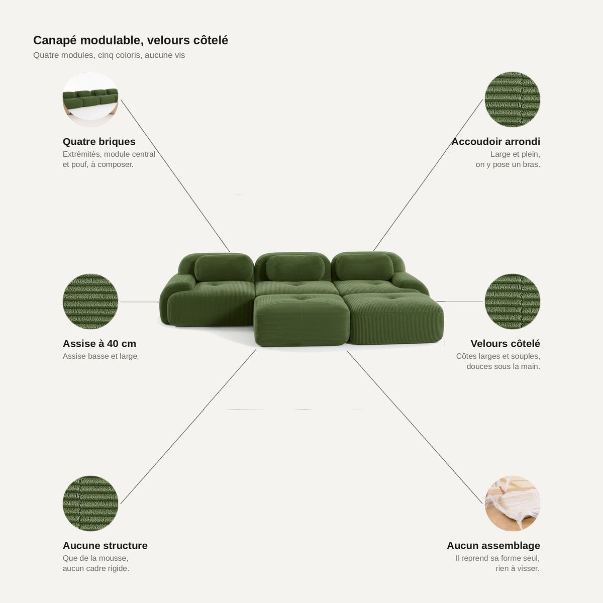 Canapé 3 places avec poufs vert, les points forts