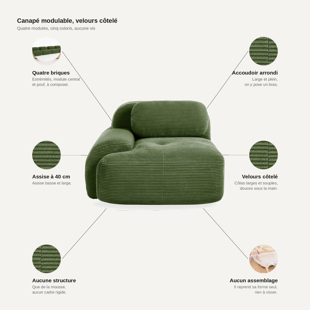 Fauteuil modulable vert, les points forts
