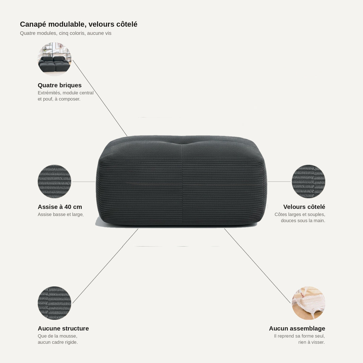 Pouf velours côtelé gris, les points forts