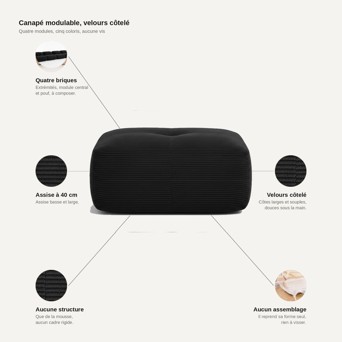 Pouf velours côtelé noir, les points forts