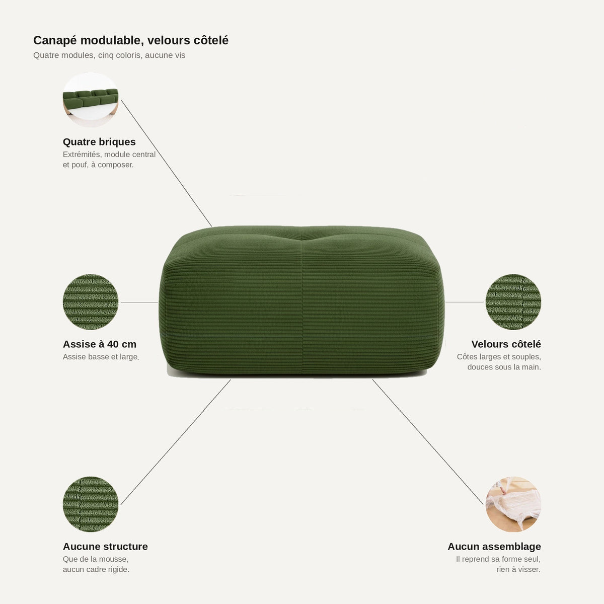 Pouf velours côtelé vert, les points forts