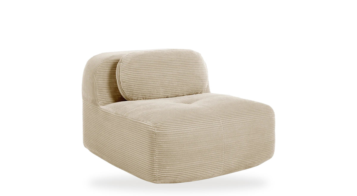 Chauffeuse velours côtelé beige, vue de trois quarts sur fond blanc