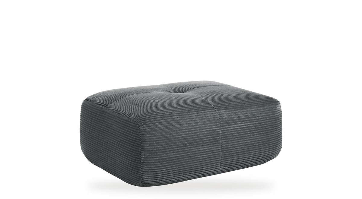 Pouf velours côtelé gris, vue de trois quarts sur fond blanc