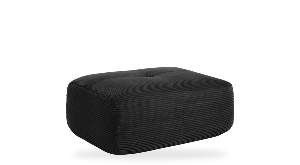 Pouf velours côtelé noir, vue de trois quarts sur fond blanc