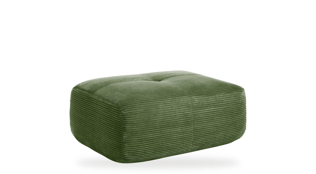 Pouf velours côtelé vert, vue de trois quarts sur fond blanc