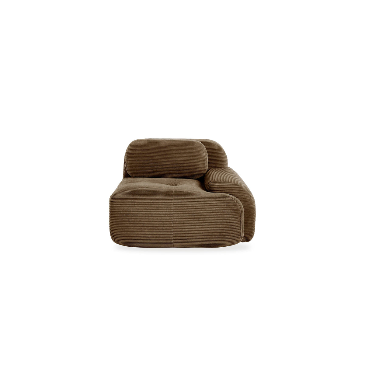 Fauteuil modulable brun, vue de trois quarts sur fond blanc, accoudoir à droite sur l'image