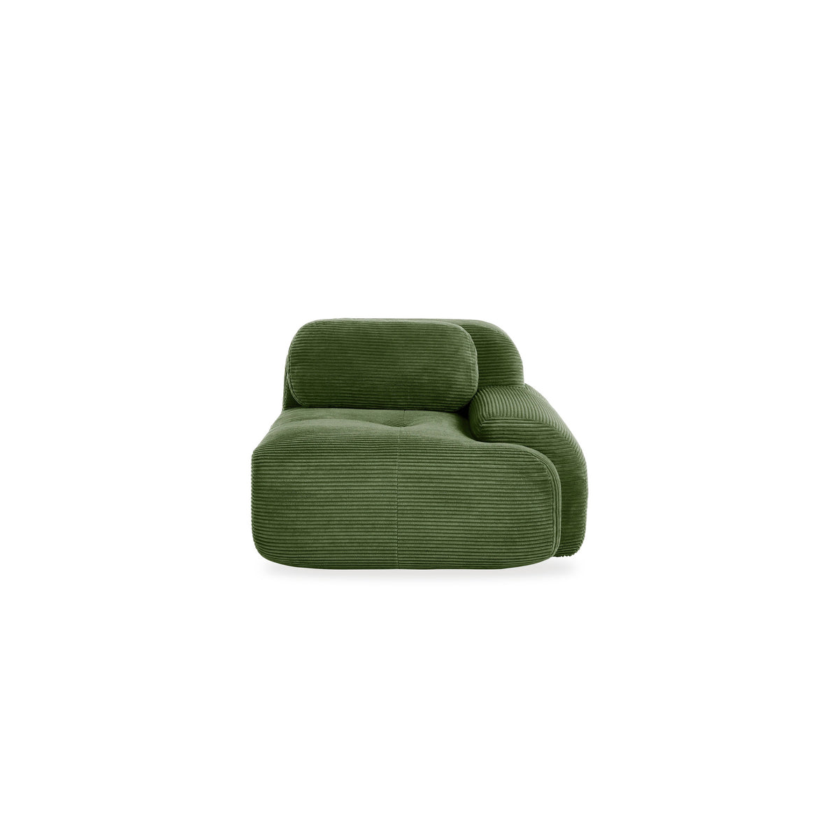 Fauteuil modulable vert, vue de trois quarts sur fond blanc, accoudoir à droite sur l'image