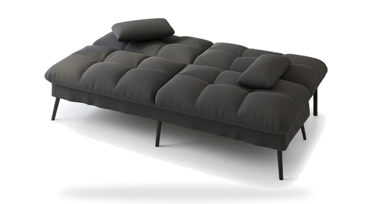 Canapé convertible en velours, coloris gris anthracite, dossier couché en mode lit, sur fond blanc