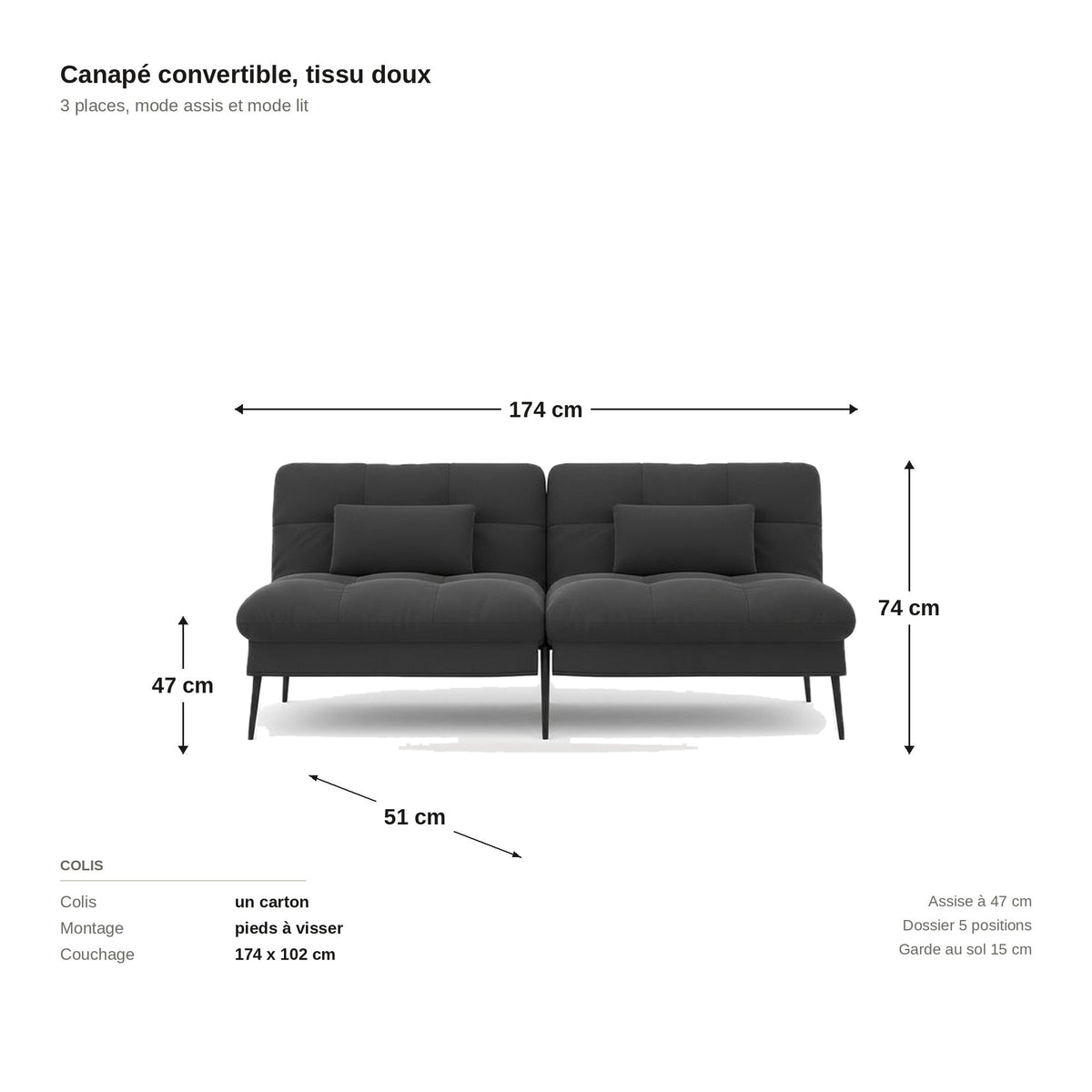 Canapé convertible en velours, coloris gris anthracite, planche cotée