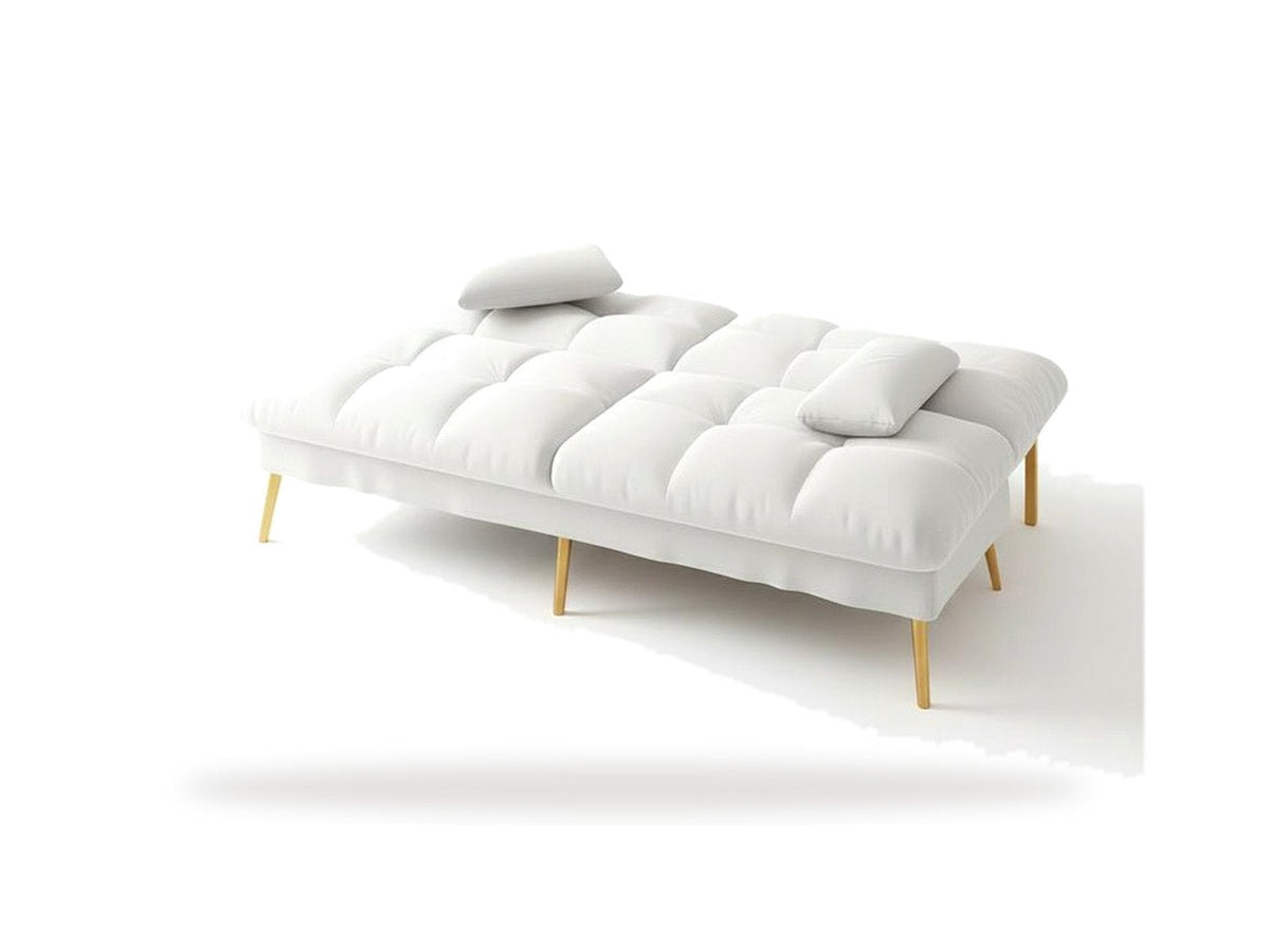 Canapé convertible en bouclette, coloris blanc, dossier couché en mode lit, sur fond blanc