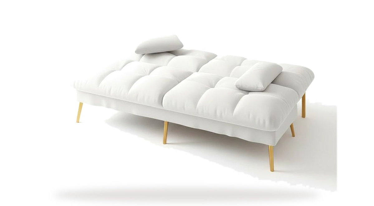 Canapé convertible en bouclette, coloris blanc, dossier couché en mode lit, sur fond blanc