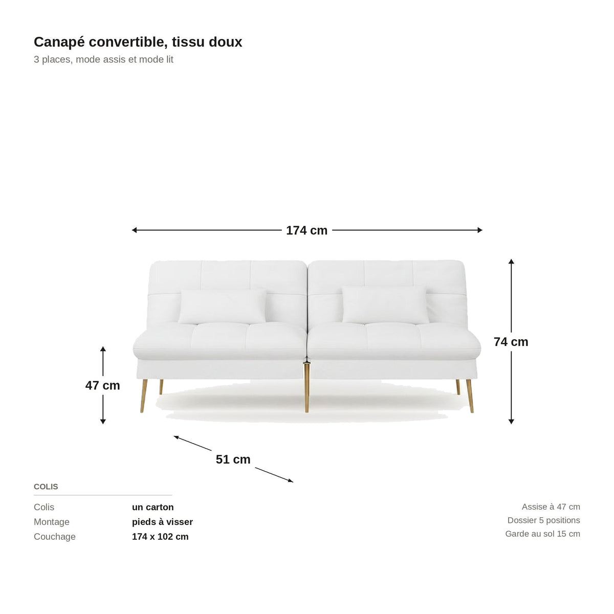 Canapé convertible en bouclette, coloris blanc, planche cotée