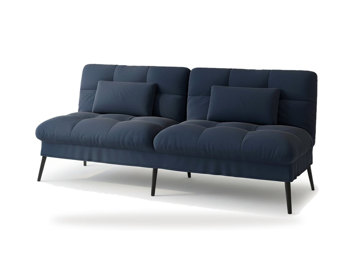 Canapé convertible en velours, coloris bleu profond, vue de trois quarts avant sur fond blanc