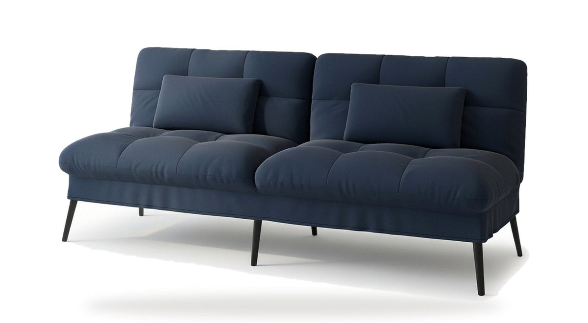 Canapé convertible en velours, coloris bleu profond, vue de trois quarts avant sur fond blanc