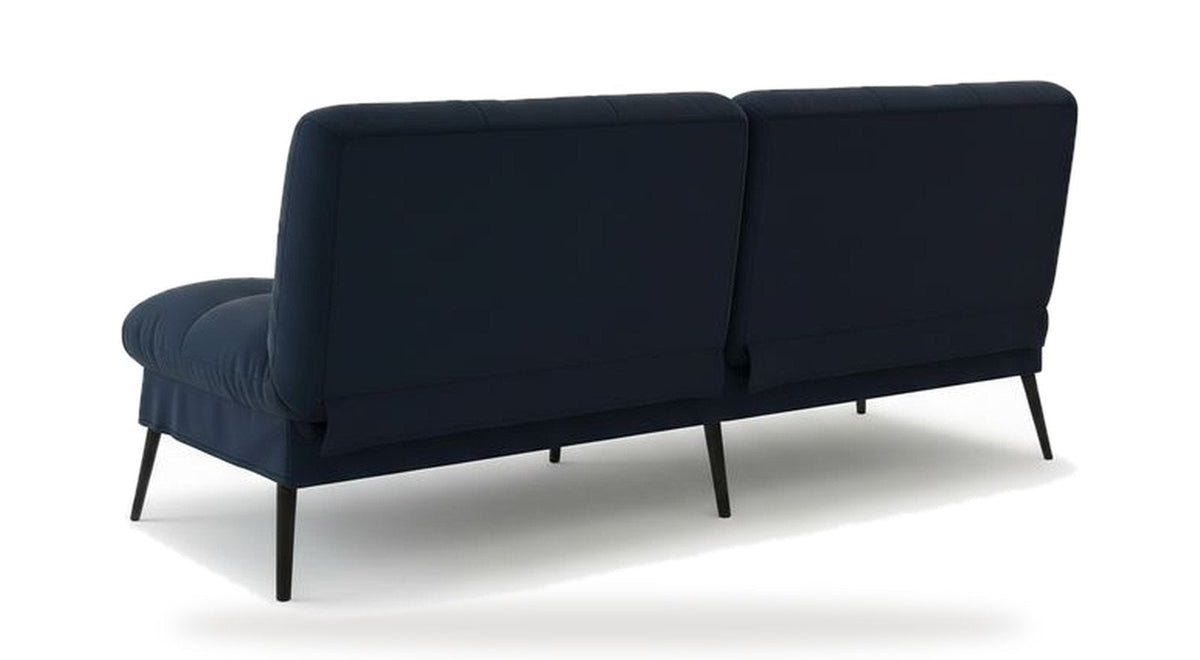 Canapé convertible en velours, coloris bleu profond, vue de trois quarts arrière sur fond blanc