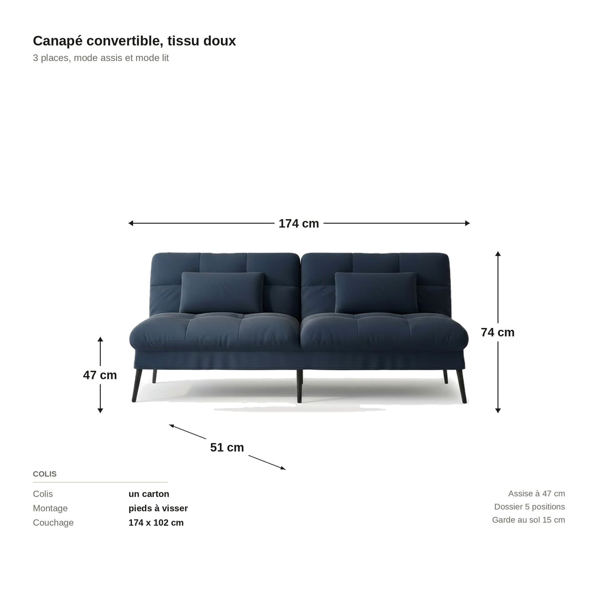 Canapé convertible en velours, coloris bleu profond, planche cotée