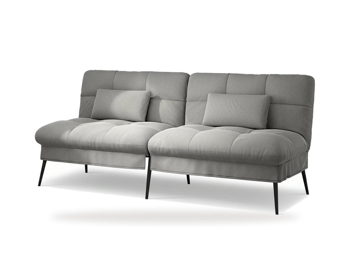 Canapé convertible en velours, coloris gris clair, vue de trois quarts avant sur fond blanc