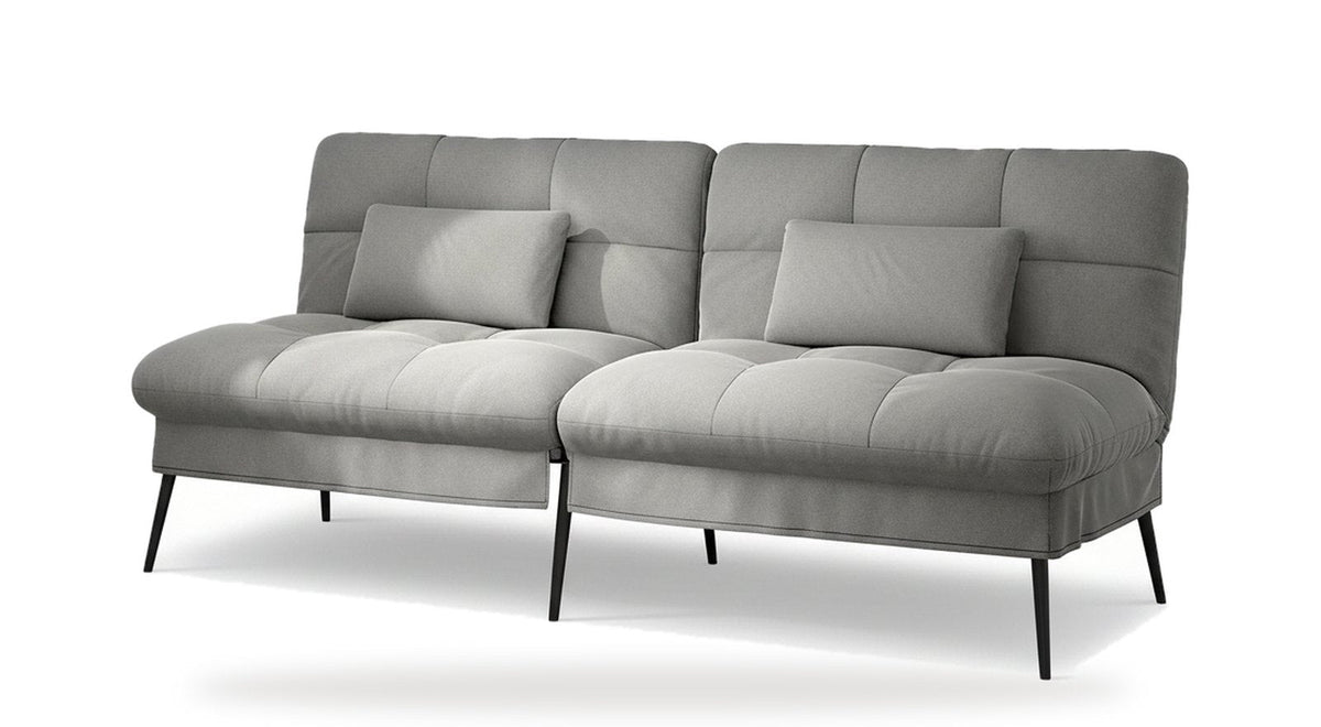 Canapé convertible en velours, coloris gris clair, vue de trois quarts avant sur fond blanc