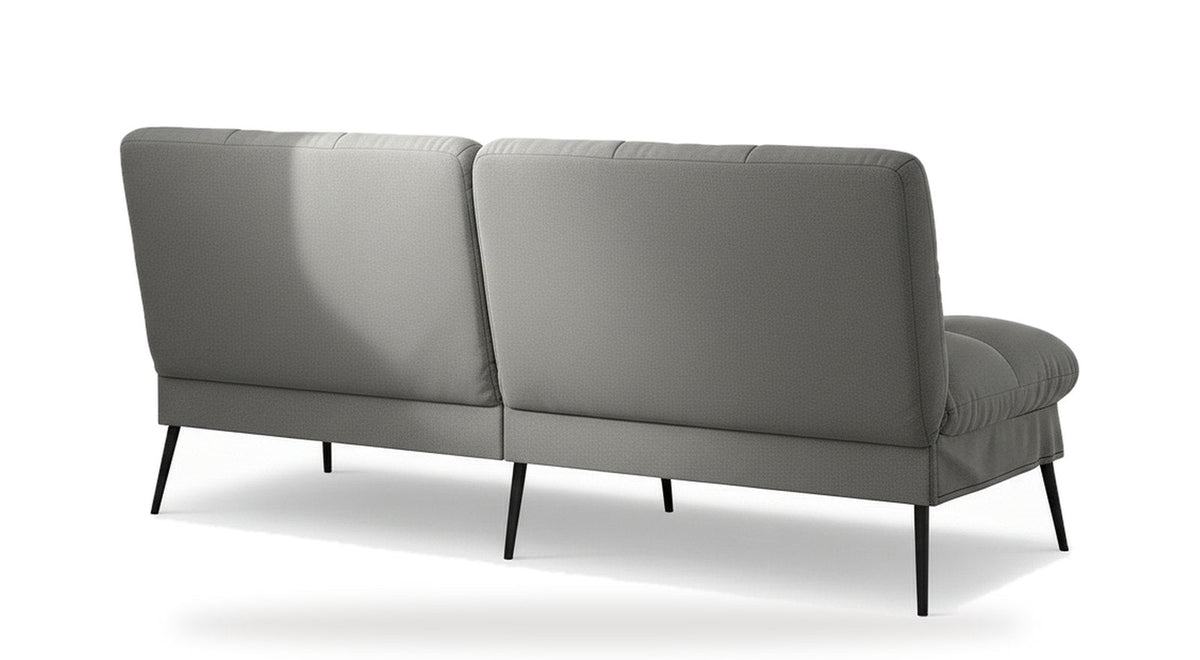 Canapé convertible en velours, coloris gris clair, vue de trois quarts arrière sur fond blanc