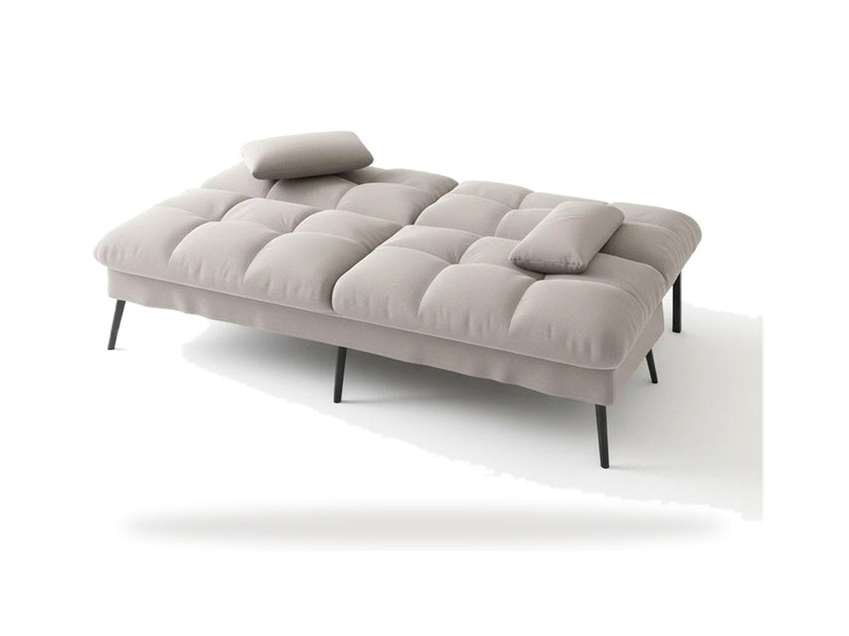 Canapé convertible en velours, coloris gris clair, dossier couché en mode lit, sur fond blanc