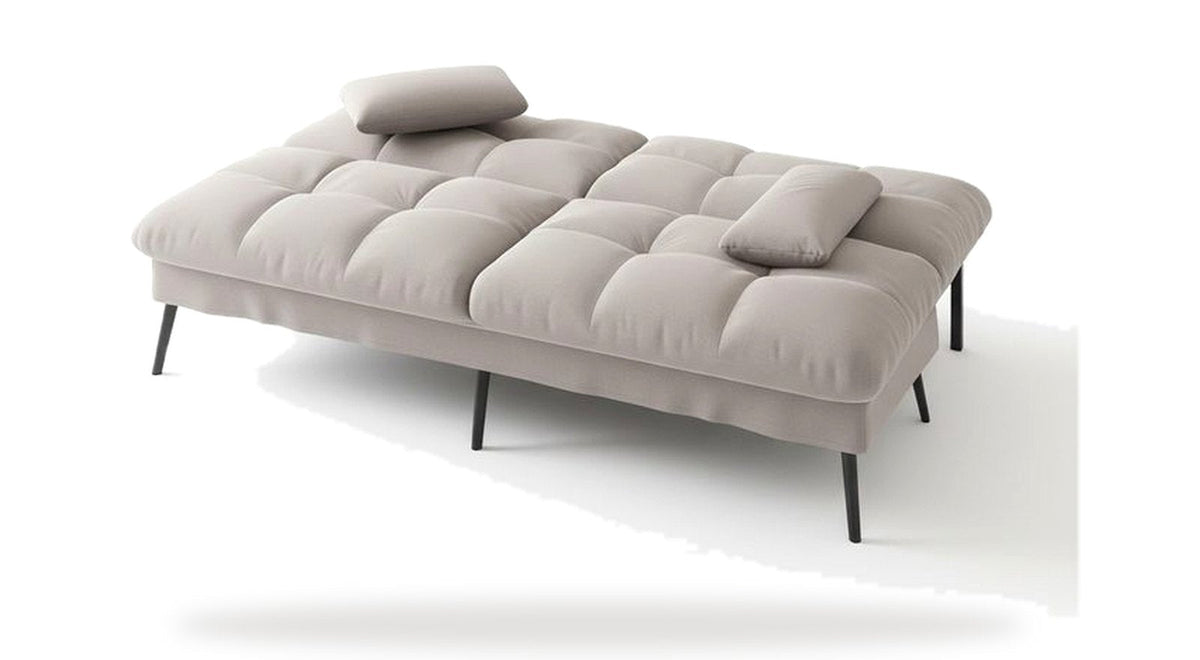Canapé convertible en velours, coloris gris clair, dossier couché en mode lit, sur fond blanc