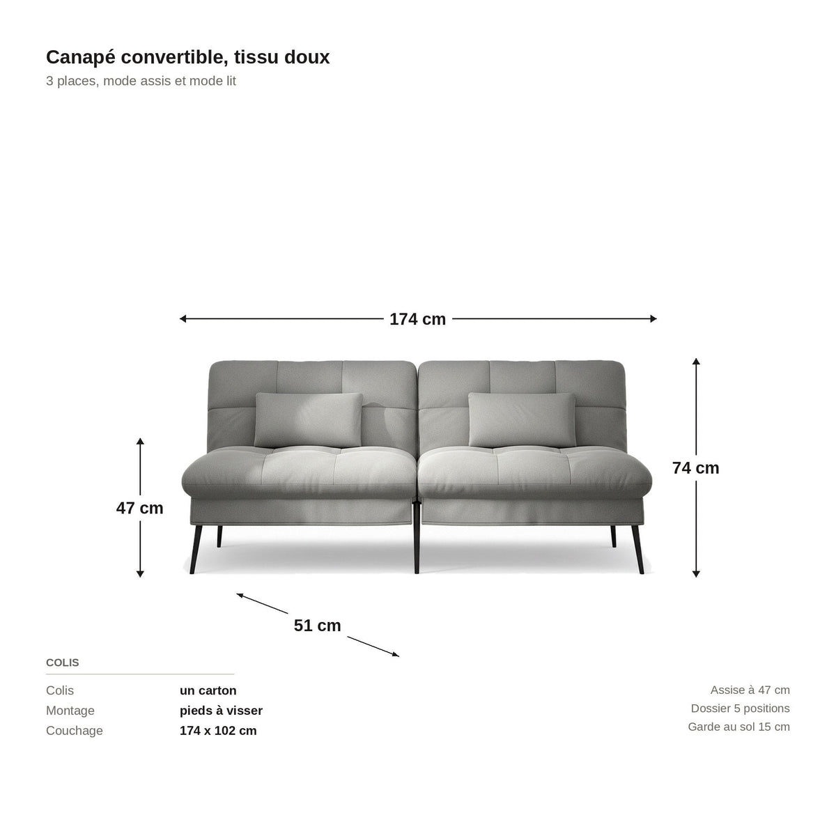 Canapé convertible en velours, coloris gris clair, planche cotée