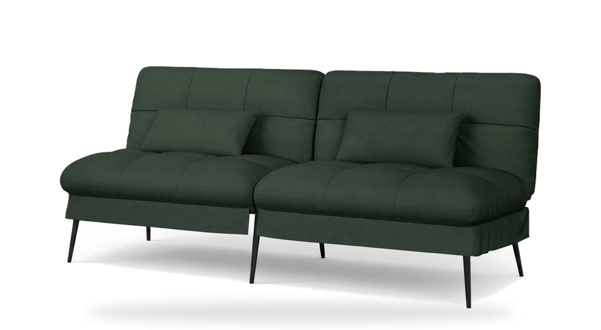 Canapé convertible en velours, coloris vert profond, vue de trois quarts avant sur fond blanc