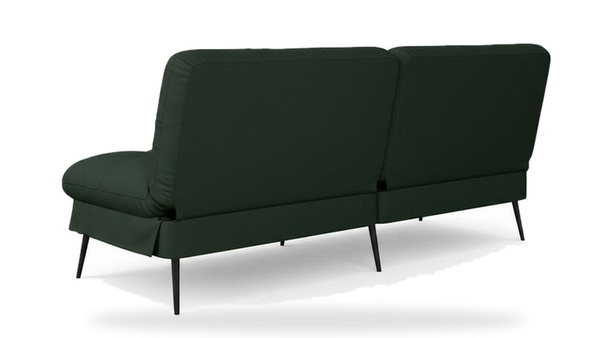 Canapé convertible en velours, coloris vert profond, vue de trois quarts arrière sur fond blanc