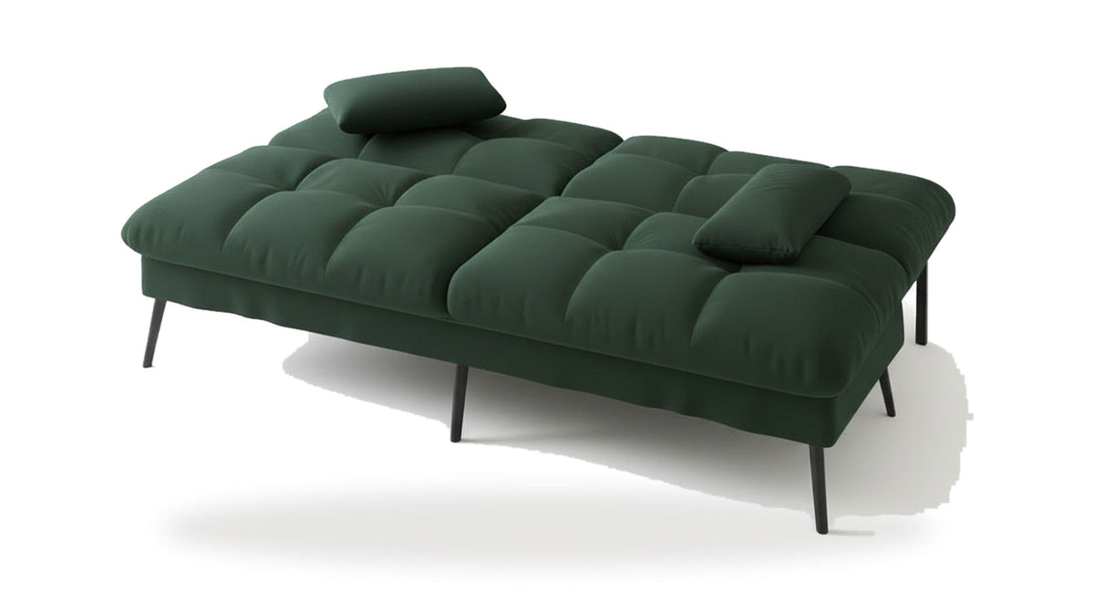 Canapé convertible en velours, coloris vert profond, dossier couché en mode lit, sur fond blanc