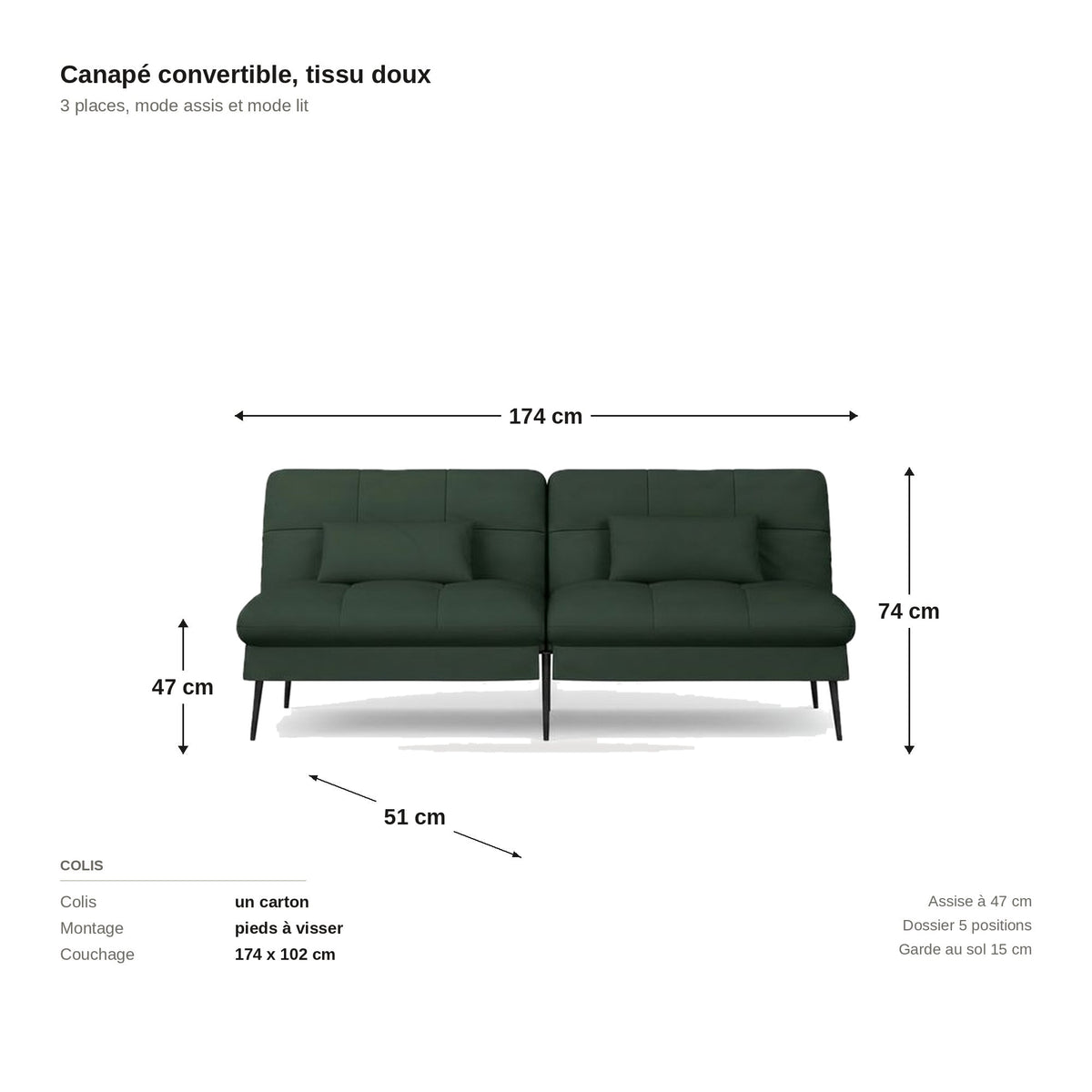 Canapé convertible en velours, coloris vert profond, planche cotée