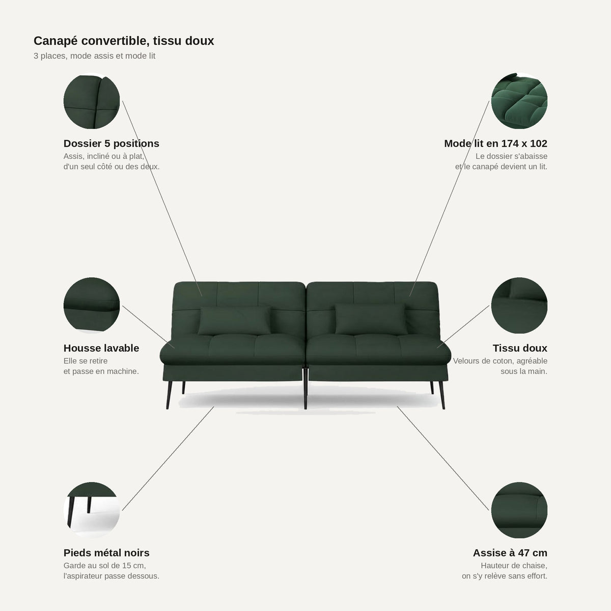 Canapé convertible en velours, coloris vert profond, planche des points forts