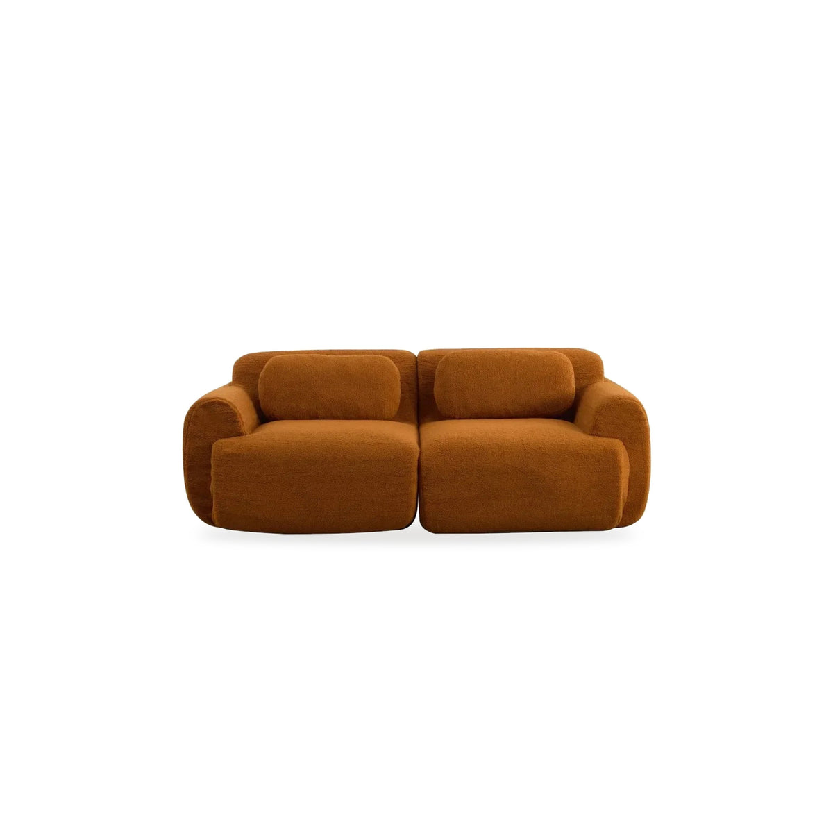 Canapé bouclette 2 places caramel, collection Cumulo, de face, sur fond blanc