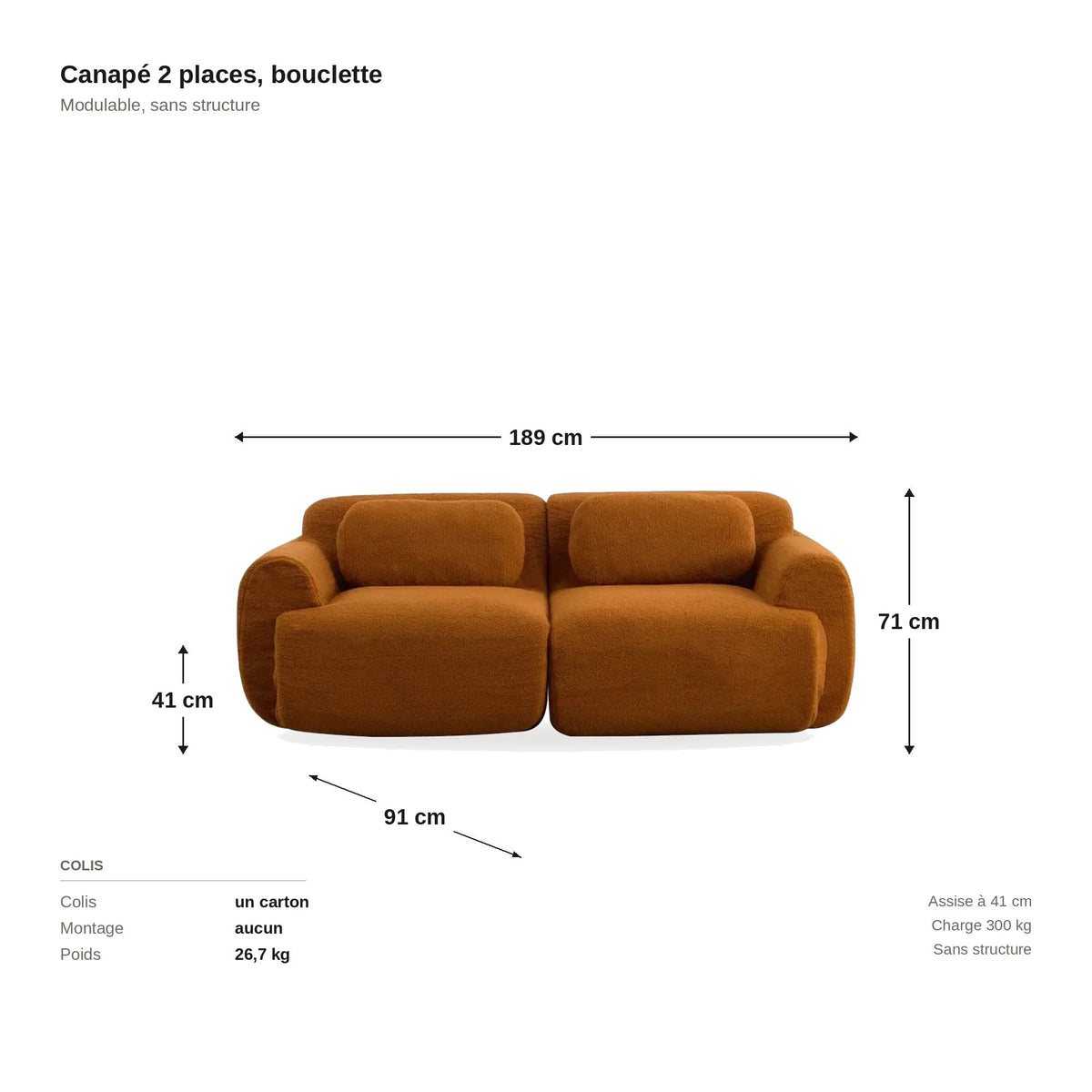 Canapé bouclette 2 places caramel, collection Cumulo, planche des dimensions