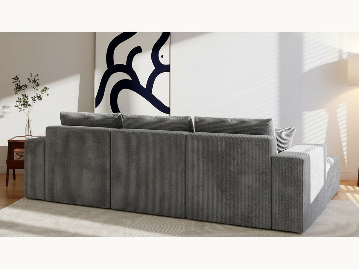 Canapé en U modulable en velours côtelé gris, collection Nimbo, décor trois quarts arrière
