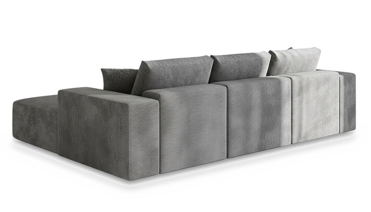 Canapé en U modulable en velours côtelé gris, collection Nimbo, fond blanc trois quarts arrière